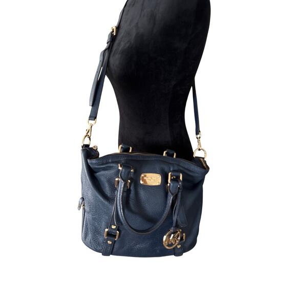 Michael Kors Hamilton Satchel Navy Pebbled Leather Gold Hardware Medium Tote - Picture 2 of 10